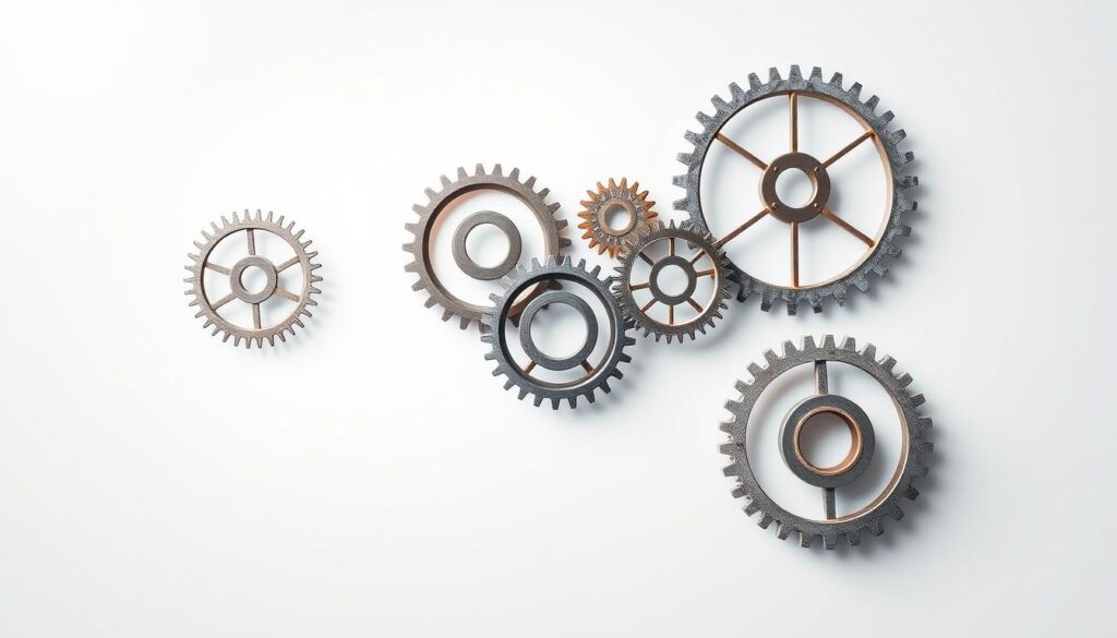 A sleek, modern website showcasing intricate, interconnected gears and cogs against a minimalist, light gray background. The gears are crafted with precision, their teeth interlocking seamlessly, symbolizing the complex mechanics of website optimization. Soft, directional lighting from the top left casts subtle shadows, emphasizing the depth and dimensionality of the scene. The overall impression is one of efficiency, technology, and the elegant optimization of digital systems.