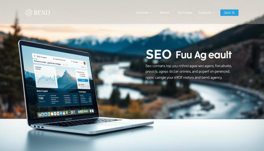 A sleek, modern website with a clean, minimalist design showcasing the services of a top-notch SEO agency in Bend, Oregon. The homepage features a large hero image of the scenic Bend landscape, with the agency's logo and branding prominently displayed. In the foreground, a laptop screen displays performance metrics and optimization strategies, captured through a shallow depth of field. The middle ground showcases the agency's team members collaborating on SEO tactics, illuminated by soft, diffused lighting. In the background, the iconic Deschutes River and snow-capped Cascade mountains create a picturesque Pacific Northwest setting, conveying the agency's local expertise and connection to the Bend community.