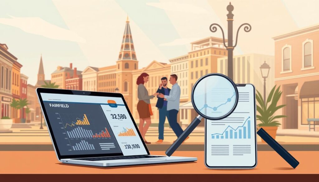 A sleek, professional-looking illustration depicting the stages of an effective SEO process for Fairfield-based businesses. In the foreground, a laptop and smartphone display data analytics and keyword research, with a magnifying glass highlighting key insights. In the middle ground, a team of digital marketers collaborates, strategizing SEO tactics tailored to the local market. In the background, the iconic architecture of Fairfield's historic downtown serves as a backdrop, signifying the local focus. The scene is lit by warm, directional lighting, creating depth and emphasizing the collaborative, results-driven nature of the SEO workflow.