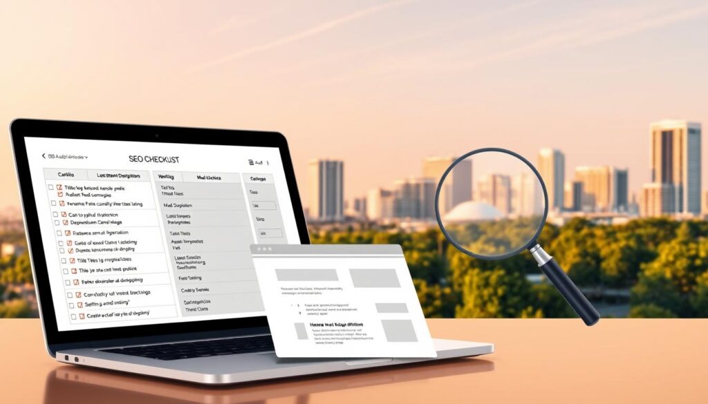 A sleek, professional-looking illustration of the SEO audit process. In the foreground, a laptop screen displays a comprehensive SEO checklist, with various metrics and optimization tasks. In the middle ground, a magnifying glass examines a webpage, highlighting key elements like title tags, meta descriptions, and image optimization. In the background, a city skyline of Kent, WA, with modern office buildings and lush greenery, signifying the local business context. The scene is bathed in a warm, golden light, conveying a sense of productivity and success. The overall tone is one of efficiency, attention to detail, and a focus on improving the client's online presence.