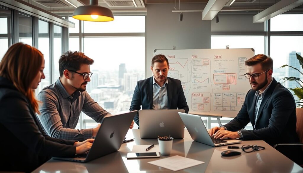 A team of Beaumont SEO experts gathered in a modern, well-lit office. In the foreground, three professionals are deeply engaged in analyzing data on their laptops, their expressions focused and determined. In the middle ground, a large whiteboard displays intricate SEO strategies and keyword mappings. The background features floor-to-ceiling windows, offering a panoramic view of the vibrant Beaumont cityscape. Warm, diffused lighting from overhead fixtures creates a productive, collaborative atmosphere. The scene conveys the expertise, diligence, and data-driven approach of the Beaumont SEO team as they navigate the digital landscape to help local businesses thrive.