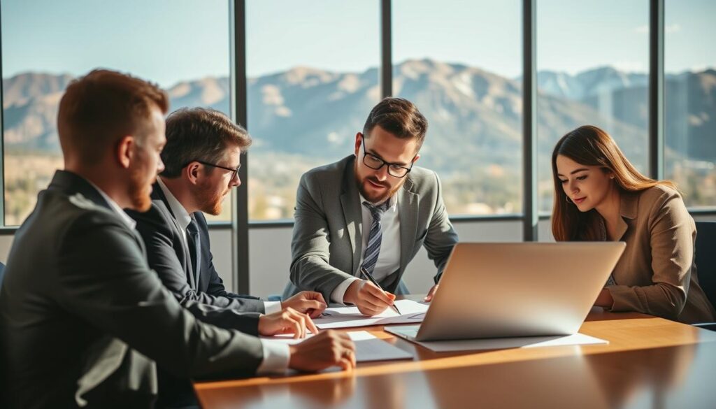 A team of Centennial SEO specialists, dressed in professional attire, gathered around a conference table. The lighting is warm and natural, casting a soft glow on their focused expressions as they pore over digital reports and strategize. In the background, a view of the Rocky Mountains can be seen through large windows, hinting at the thriving business environment of Centennial, Colorado. The scene conveys a sense of expertise, collaboration, and a commitment to driving successful SEO campaigns for local enterprises.