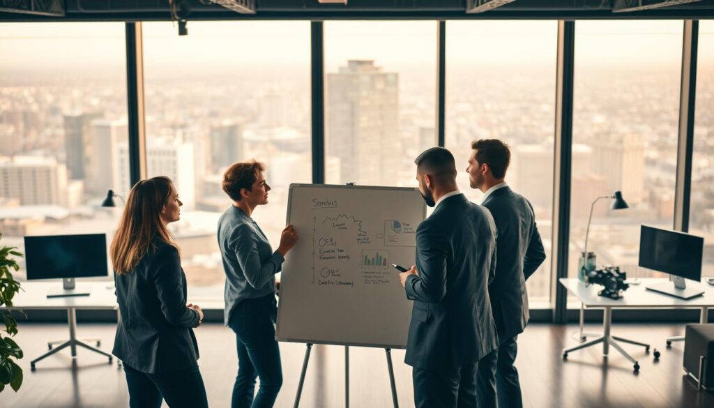 A team of Fremont SEO experts strategizing in a modern, well-lit office. In the foreground, three professionals in business attire gathered around a large whiteboard, deep in discussion. The middle ground features a sleek, minimalist workspace with multiple computer monitors and state-of-the-art equipment. The background showcases floor-to-ceiling windows overlooking the vibrant cityscape of Fremont, California. Subtle warm lighting and a sense of focus and collaboration pervade the scene, reflecting the expertise and dedication of the Revenue Boomers SEO team.