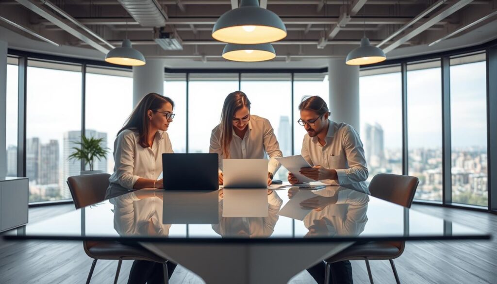 A team of Joliet SEO experts strategize in a modern, minimalist office. The foreground features three professionals huddled around a sleek, glass-topped table, laptops and notepads in hand, deep in discussion. Warm, diffused lighting from overhead fixtures casts a soft glow, complementing the neutral color palette of whites, grays, and natural wood tones that dominate the middle ground. In the background, floor-to-ceiling windows offer a panoramic view of the Joliet skyline, blending the digital and physical worlds. An air of focused collaboration and digital innovation permeates the scene, reflecting the expertise Joliet businesses can leverage to elevate their online presence.