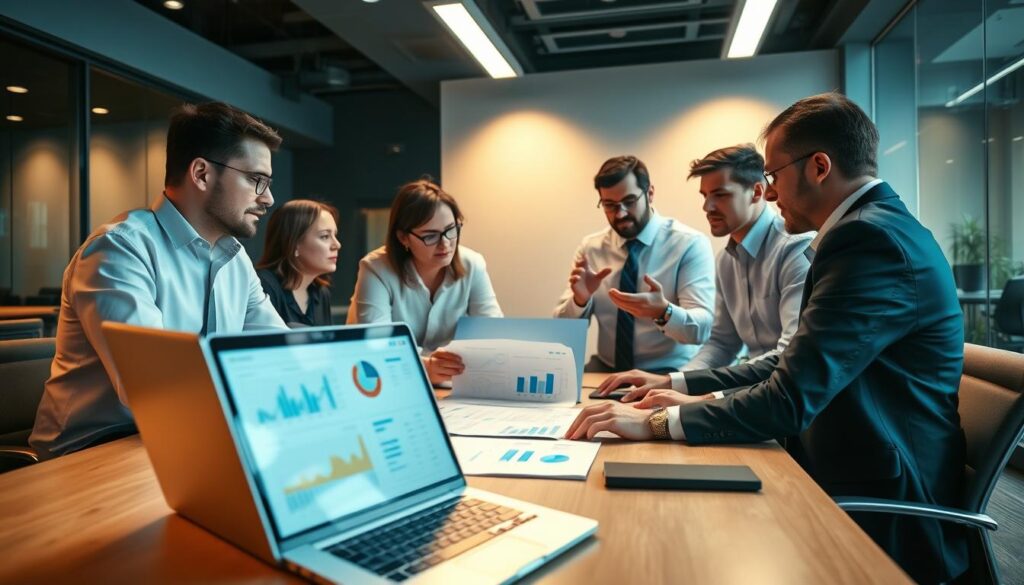 A team of Lowell SEO experts, dressed in professional attire, are gathered around a large table, intently analyzing data and strategizing. The scene is illuminated by warm, focused lighting, creating a sense of productivity and collaboration. In the foreground, a laptop displays detailed website analytics, while in the middle ground, the experts are engaged in a lively discussion, gesturing towards charts and graphs. The background features sleek, modern office decor, conveying a sophisticated, technology-driven atmosphere. The overall mood is one of diligence, expertise, and a steadfast commitment to driving measurable SEO results for Lowell-based businesses.