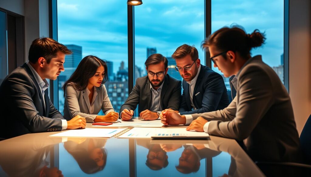 A team of Montgomery, AL SEO experts, dressed in professional attire, gathered around a conference table, deeply engaged in discussion. Warm, directional lighting from overhead casts a focused glow, highlighting their intense expressions as they review analytics data and strategize innovative digital marketing solutions. In the background, a sleek, modern office space with floor-to-ceiling windows offers a picturesque view of the city skyline, conveying a sense of expertise and authority. The atmosphere is one of collaborative problem-solving, with the experts' collective knowledge and experience poised to deliver exceptional results for local businesses.