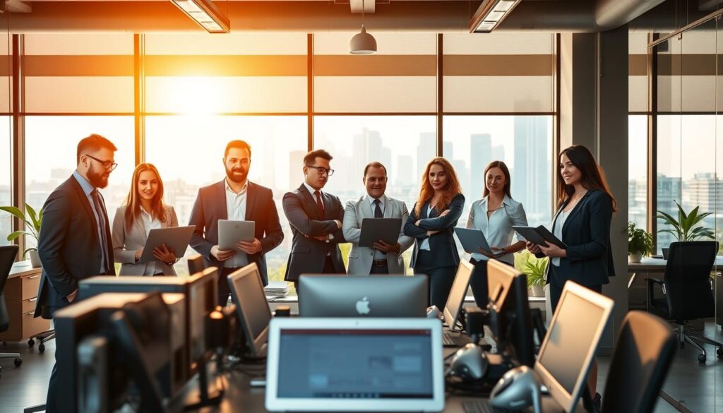 A team of SEO experts in College Station, TX stand confidently in a modern office setting. The foreground features the professionals in business attire, utilizing laptops and discussing strategy. The middle ground showcases an array of digital devices and office equipment, conveying a technology-driven workspace. In the background, the College Station skyline is visible through large windows, bathed in warm, natural lighting that filters through. The overall atmosphere exudes professionalism, expertise, and a commitment to driving successful digital marketing campaigns for local businesses.