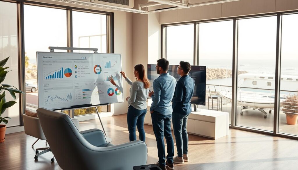 A team of professional SEO specialists strategizing in a bright, modern office in Carlsbad, California. In the foreground, three people are gathered around a large whiteboard, engaged in a lively discussion and pointing at data visualizations. The middle ground features sleek, ergonomic furniture and a large flat-screen monitor displaying search engine analytics. The background showcases floor-to-ceiling windows overlooking the picturesque Carlsbad coastline, bathed in warm, natural lighting. An atmosphere of focus, collaboration, and expertise permeates the scene, conveying the specialized knowledge and dedication of Carlsbad's top SEO agency.