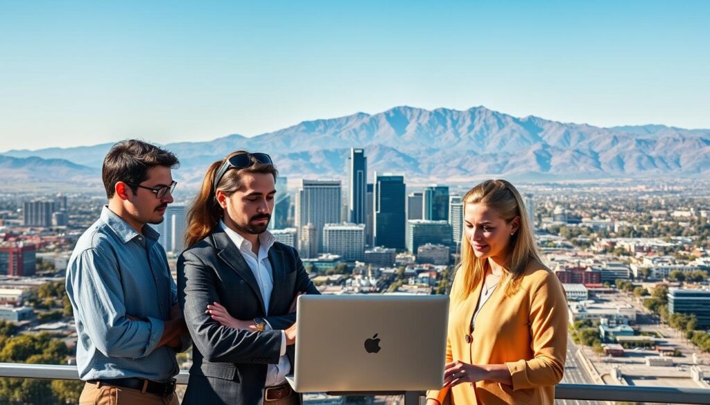 A team of seasoned SEO experts in San Bernardino, standing confidently against a backdrop of the city's iconic landmarks. Warm afternoon sunlight bathes their faces, conveying a sense of expertise and professionalism. In the foreground, the experts are gathered around a laptop, discussing optimization strategies with focused expressions. The middle ground features the vibrant cityscape of San Bernardino, with its towering skyscrapers and bustling streets. In the distance, the majestic San Bernardino Mountains rise, creating a picturesque setting that embodies the region's natural beauty and thriving business community.