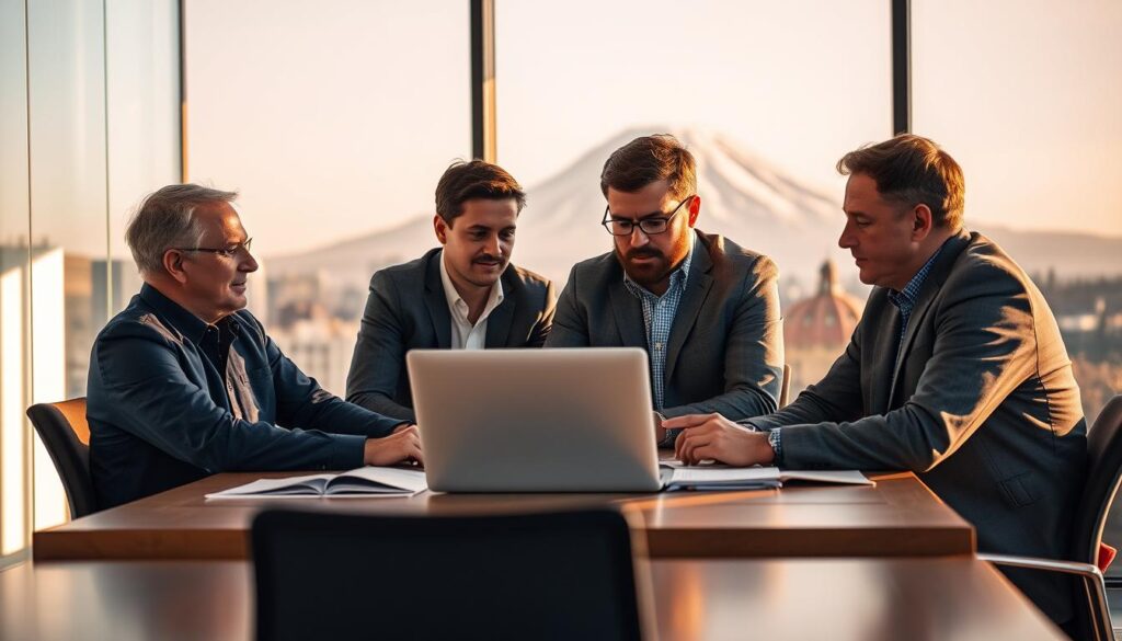 A team of seasoned SEO experts in Tacoma, Washington, sitting around a conference table, deep in discussion. Warm, natural lighting illuminates their focused expressions as they analyze data and strategize ways to elevate local businesses through data-driven search engine optimization. The scene conveys a sense of expertise, collaboration, and a commitment to driving tangible results for their clients. The backdrop features the iconic Mount Rainier in the distance, symbolizing the towering success awaiting Tacoma businesses that partner with these skilled professionals.