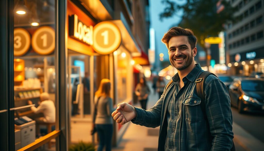 A thriving local business, its storefront illuminated by warm lighting, stands proudly against a backdrop of bustling city streets. In the foreground, a smiling entrepreneur shakes hands with a satisfied customer, symbolizing the success of their local SEO optimization strategy. The scene is captured with a wide-angle lens, emphasizing the sense of community and growth. Subtle lens flare and a soft, golden hour-inspired color palette lend an aspirational, cinematic quality to the image, inviting the viewer to imagine their own journey to SEO triumph.