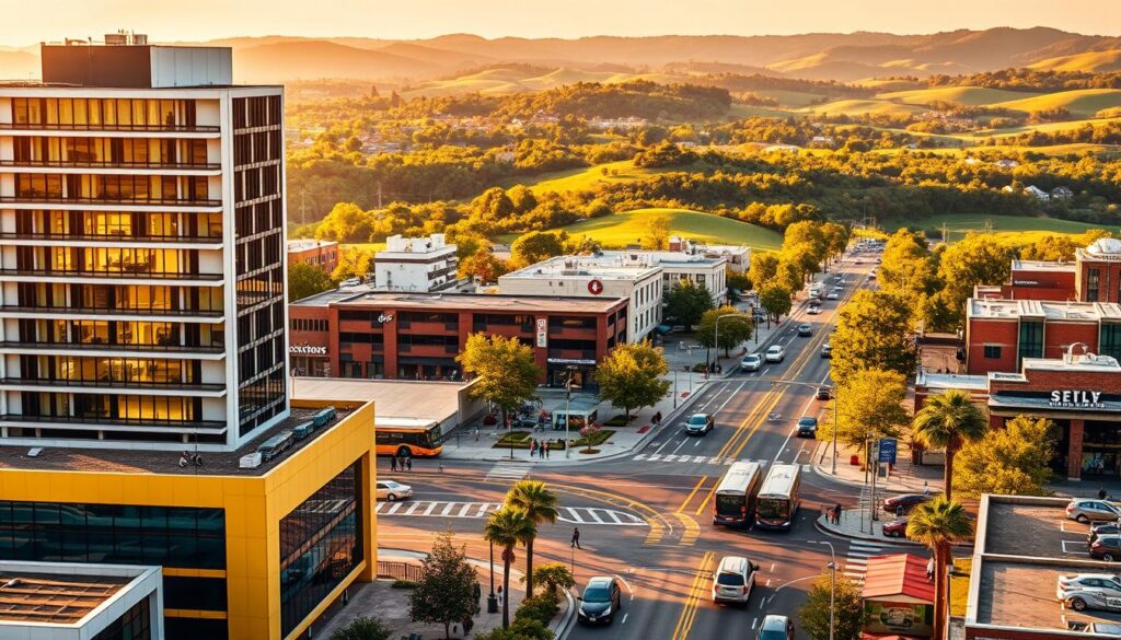 A vibrant and dynamic cityscape in Murfreesboro, Tennessee, showcasing the power of SEO strategies. In the foreground, a modern office building stands tall, its sleek design reflecting the cutting-edge digital landscape. In the middle ground, a bustling street scene with people navigating the sidewalks, cars, and buses, all connected by the invisible threads of online visibility. In the background, the rolling hills and lush greenery of the surrounding area provide a serene contrast to the urban energy. Warm, golden lighting bathes the scene, creating a sense of optimism and growth. The entire composition conveys the idea of Murfreesboro as a thriving, tech-savvy community, where effective SEO strategies are the key to unlocking the full potential of local businesses.