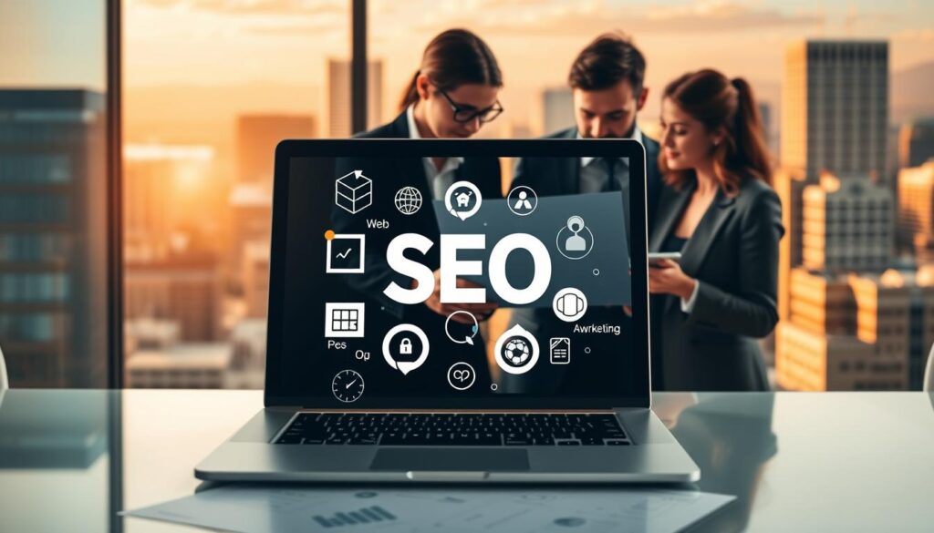 A vibrant and dynamic scene showcasing the heart of SEO services in Salem, OR. In the foreground, a sleek laptop displays intricate web analytics, surrounded by stylized icons representing search engine optimization, content marketing, and digital advertising. The middle ground features a team of focused professionals collaborating on a strategy map, their expressions conveying expertise and determination. In the background, the iconic skyline of Salem, OR, is bathed in warm, golden light, symbolizing the city's thriving business community. The overall atmosphere exudes a sense of strategic innovation, technological prowess, and local pride.