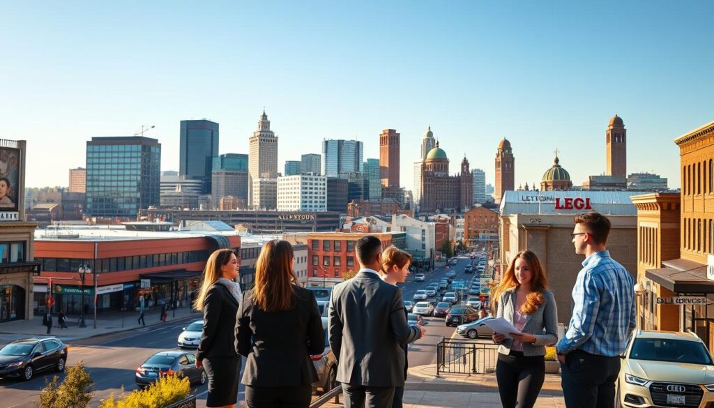 A vibrant cityscape of Allentown, Pennsylvania, with the city's skyline prominently featured. In the foreground, a group of diverse business professionals engaged in SEO-related activities, such as analyzing website data, brainstorming strategies, and collaborating on digital marketing campaigns. The middle ground showcases the bustling streets of Allentown, with cars, pedestrians, and local shops creating a lively urban atmosphere. In the background, the iconic landmarks of the city, including the Lehigh Valley Performing Arts Center and the Allentown Art Museum, provide a sense of place and local character. The scene is illuminated by warm, natural lighting, casting a friendly and inviting glow over the entire composition. The overall mood is one of productivity, collaboration, and the thriving SEO services industry within the vibrant city of Allentown, Pennsylvania.