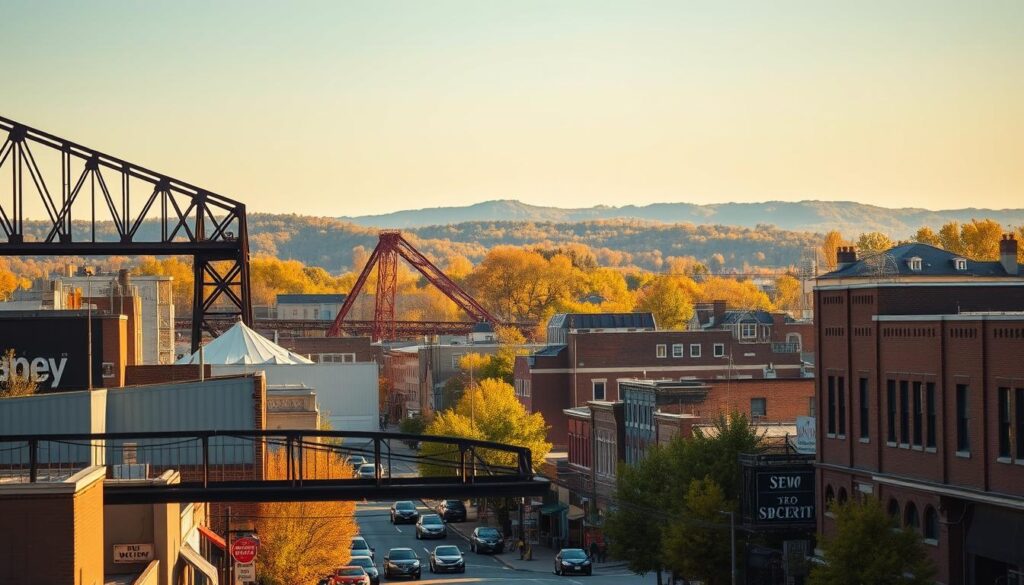 A vibrant cityscape of Allentown, Pennsylvania, with the iconic steel bridges and industrial architecture in the foreground. In the middle ground, local businesses line the streets, their signage advertising SEO services. Warm afternoon sunlight filters through the trees, casting a golden glow over the scene. In the background, the distant Blue Mountain ridge provides a scenic backdrop. The overall mood is one of bustling small-town energy and entrepreneurial spirit, perfectly capturing the essence of effective SEO services for Allentown businesses.