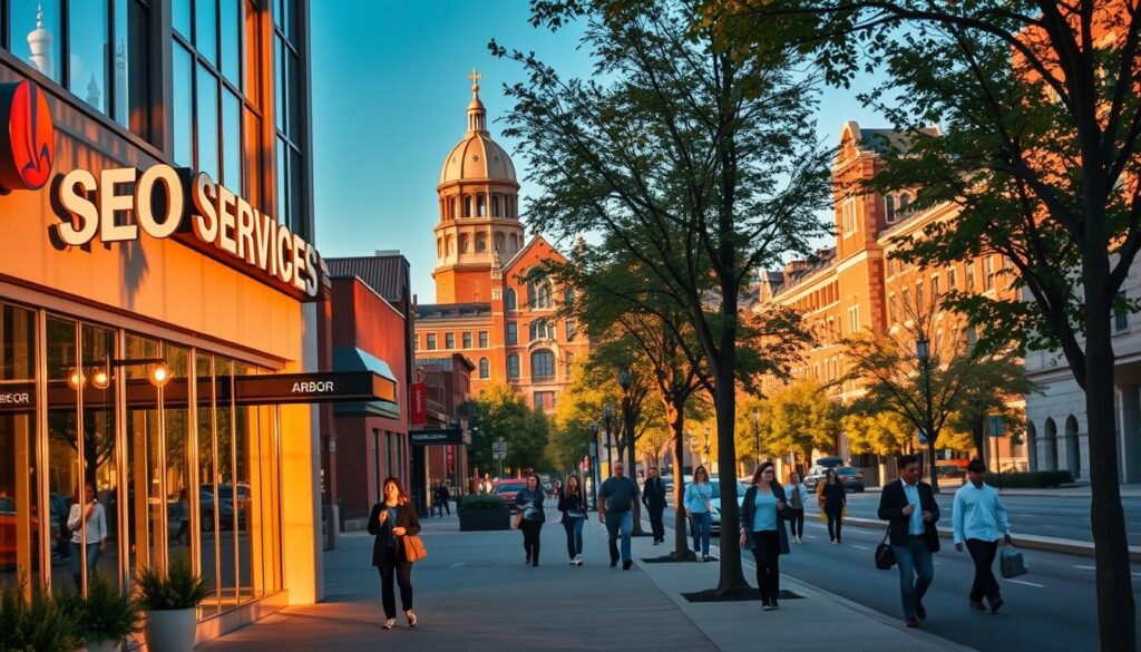 A vibrant cityscape of Ann Arbor, Michigan, showcasing the bustling downtown area. In the foreground, a modern office building stands, its façade adorned with a prominent "SEO Services" sign. The building is bathed in warm, golden sunlight, casting soft shadows across the sidewalk. In the middle ground, pedestrians stroll along the tree-lined streets, some carrying laptops or mobile devices, conveying the tech-savvy nature of the city. In the background, the iconic University of Michigan campus and its historic architecture create a distinctive skyline, reflecting the academic and intellectual atmosphere of Ann Arbor. The overall scene exudes a sense of professionalism, innovation, and community, perfectly capturing the essence of comprehensive SEO services in this thriving Midwestern city.