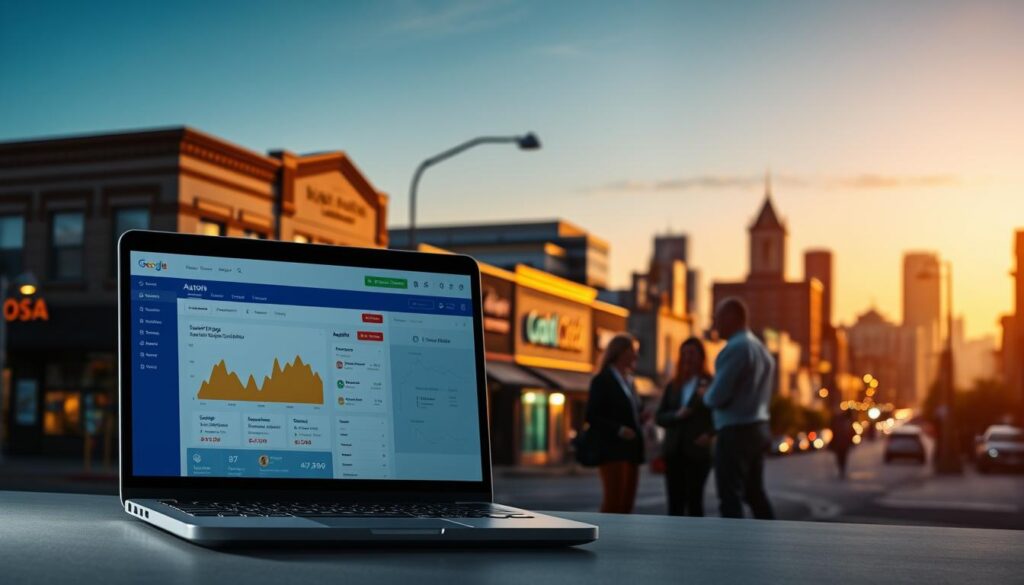 A vibrant cityscape of Aurora, Illinois, at dusk, with the silhouettes of local businesses lining the streets. In the foreground, a stylized laptop screen displays a search engine optimization dashboard, highlighting key metrics and insights. The middle ground features a group of business owners discussing strategies, their expressions focused and determined. In the background, the iconic skyline of Aurora's downtown area is bathed in a warm, golden light, conveying a sense of growth and opportunity. The scene is captured with a wide-angle lens, creating a sense of depth and immersion, and lit by a combination of natural and artificial lighting that casts dynamic shadows and highlights the details of the local businesses.