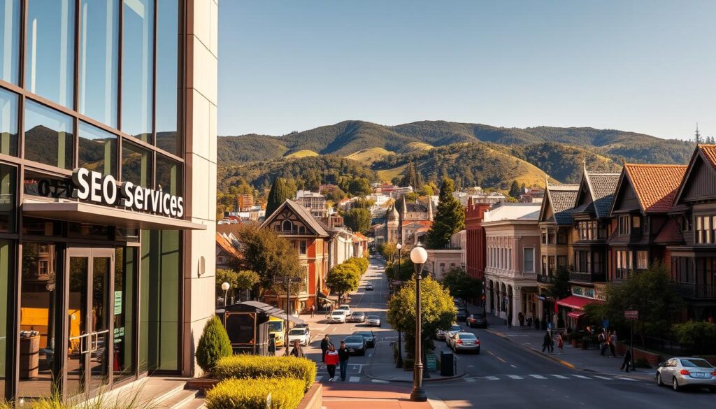 A vibrant cityscape of Berkeley, California, bathed in warm afternoon sunlight. In the foreground, a modern office building with sleek glass facades and a discreet sign reading "SEO Services". The entrance is flanked by neatly landscaped greenery, inviting passersby to step inside. The middle ground features the bustling streets of downtown Berkeley, lined with independent shops, cafes, and iconic Victorian-style architecture. In the background, the majestic Berkeley Hills rise up, their verdant slopes and hiking trails visible in the distance. The overall scene conveys a sense of productivity, innovation, and the natural beauty that defines this thriving university town.