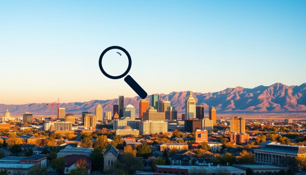 A vibrant cityscape of Billings, Montana, bathed in warm evening light. In the foreground, a stylized magnifying glass icon hovers, representing the comprehensive SEO services offered. In the middle ground, the skyline of Billings' downtown, with its iconic skyscrapers and landmarks, stands tall and proud. In the background, the rugged Rimrocks frame the scene, casting long shadows across the city. The overall mood is one of professionalism, expertise, and the perfect balance of modern technology and natural splendor that defines Billings, the hub of SEO services in Montana.