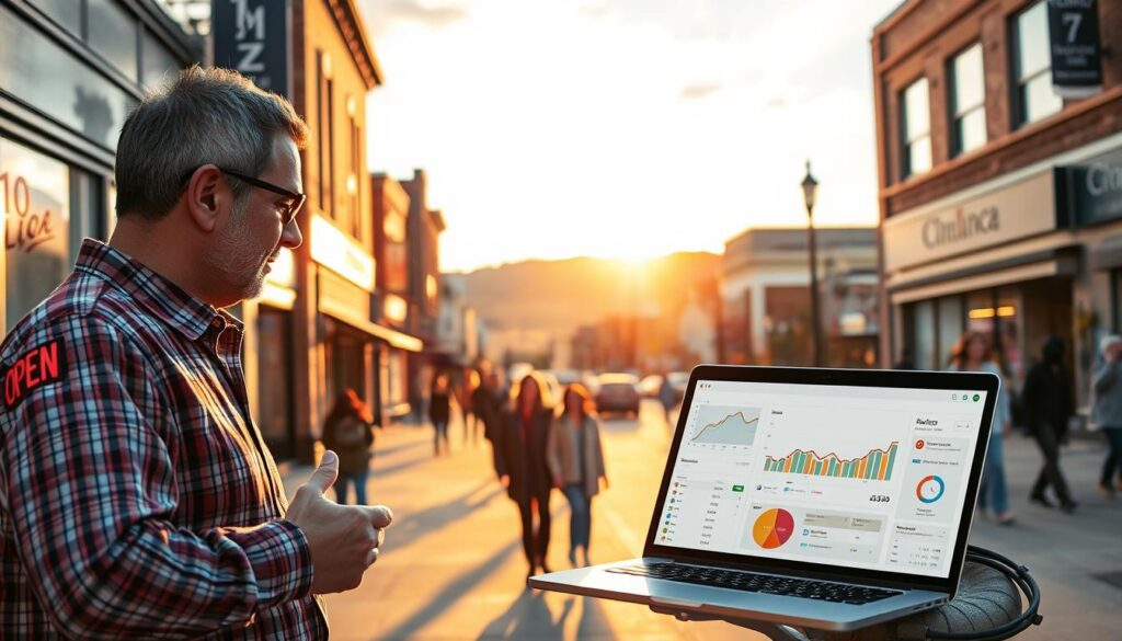 A vibrant cityscape of Billings, Montana, under a warm, golden sunset. In the foreground, a local business owner earnestly discusses local SEO strategies with a digital marketing expert, gesturing towards a laptop screen showcasing analytics and website optimization tips. In the middle ground, pedestrians stroll past storefronts adorned with "Open" signs and local business branding. The background features the iconic silhouettes of the Rimrocks, casting long shadows across the bustling streets. The scene conveys a sense of community, collaboration, and a focus on driving hyper-local digital visibility for Billings-based enterprises.