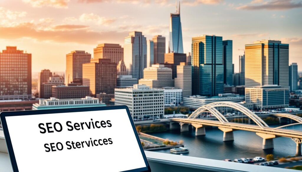 A vibrant cityscape of Bridgeport, Connecticut, showcasing the bustling business district. In the foreground, a laptop display prominently features the words "SEO Services", with a search engine optimization specialist deeply engaged in their work, conveying expertise and dedication. The middle ground highlights modern office buildings, conveying a sense of professional advancement and digital-savvy enterprises. In the background, the iconic Bridgeport landmarks, such as the historic waterfront and the towering skyscrapers, create a visually striking and aspirational setting for the SEO services on display. Warm, golden lighting bathes the scene, evoking a sense of productivity, innovation, and the promise of digital marketing success for local businesses.