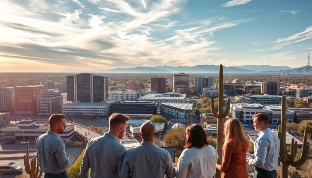 A vibrant cityscape of Buckeye, Arizona, with a team of SEO experts gathered in the foreground. In the middle ground, modern office buildings and bustling streets convey the thriving digital landscape. Warm sunlight filters through wispy clouds, casting a golden glow over the scene. The experts, dressed in professional attire, are engaged in animated discussions, their laptops and tablets hinting at the data-driven strategies they employ. In the background, the iconic saguaro cacti and distant mountains evoke the unique Sonoran Desert environment. The overall mood is one of collaborative innovation, where technology and local expertise converge to drive digital success for Buckeye businesses.