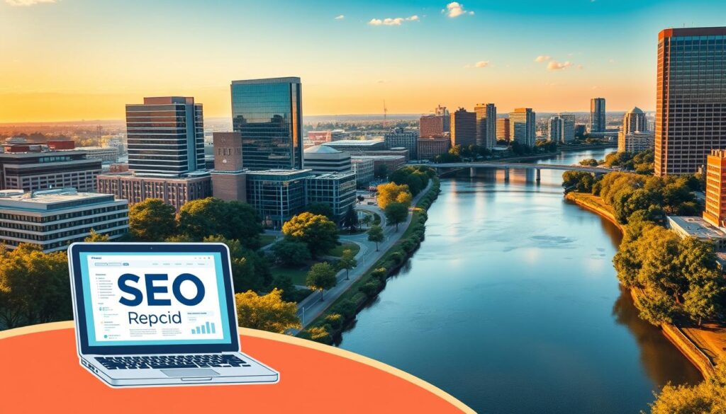 A vibrant cityscape of Cedar Rapids, Iowa, showcasing the dynamic SEO services landscape. In the foreground, a stylized graphic illustration of a laptop screen, showcasing search engine optimization strategies and analytics. The middle ground features sleek modern office buildings, conveying the professional and tech-savvy nature of the SEO industry. In the background, the iconic Cedar River winds through the city, surrounded by lush greenery and the distinctive architecture of this Midwestern hub. Warm, golden lighting illuminates the scene, creating a sense of productivity and innovation. The overall mood is one of digital prowess, commercial success, and the thriving business environment of Cedar Rapids.