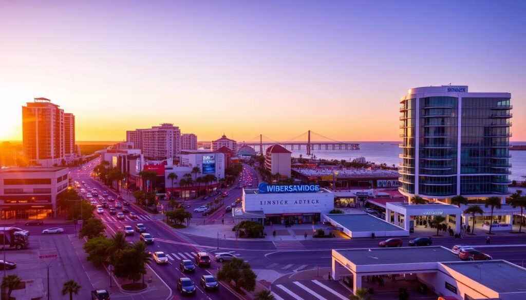 A vibrant cityscape of Clearwater, Florida, bathed in warm evening light. In the foreground, a busy street with cars and pedestrians, representing the bustling local economy. In the middle ground, modern office buildings and storefronts, showcasing the thriving business community. In the background, the iconic Pier 60 and the sparkling waters of the Gulf of Mexico, creating a picturesque coastal setting. The image conveys a sense of energy, progress, and the potential for successful SEO services to flourish in this dynamic, forward-looking city.