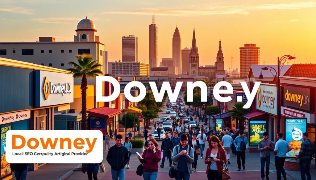 A vibrant cityscape of Downey, CA, showcasing the digital landscape. In the foreground, a stylized illustration of a local SEO services provider, their logo and branding prominently displayed. The middle ground features a bustling street scene, with people using mobile devices, laptops, and interacting with digital signage. The background depicts the iconic architecture and landmarks of Downey, bathed in a warm, golden hour lighting. The scene conveys a sense of technological progress, local business integration, and the importance of digital presence for thriving in the modern era.