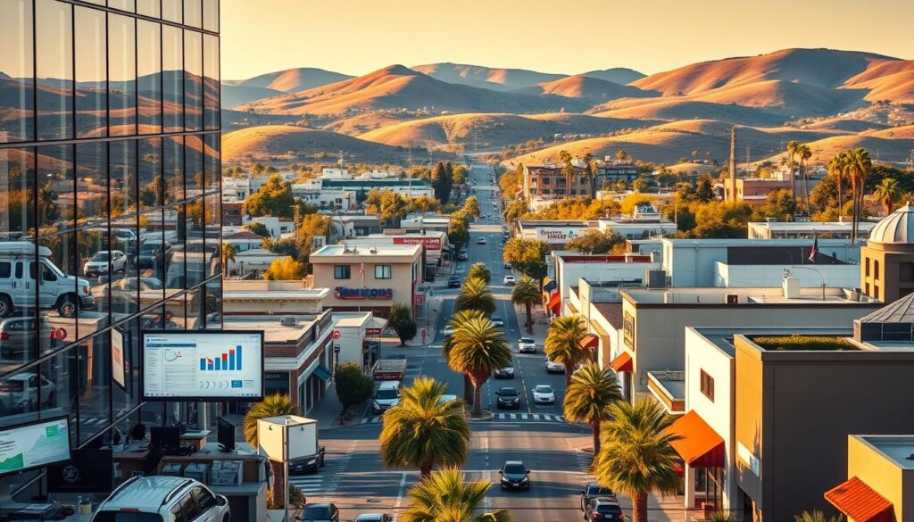 A vibrant cityscape of Escondido, California, showcasing the digital expertise of local SEO professionals. In the foreground, a sleek office building with floor-to-ceiling windows reflects the modern, tech-savvy atmosphere. Employees can be seen at their desks, their screens displaying analytics dashboards and search engine optimization strategies. The middle ground features bustling streets lined with thriving small businesses, their digital footprints expertly curated by the SEO experts. In the background, the rolling hills and palm trees of Escondido's natural landscape provide a picturesque backdrop, creating a harmonious blend of urban innovation and scenic beauty. Warm, golden lighting bathes the scene, conveying a sense of productivity, innovation, and digital-age prosperity.