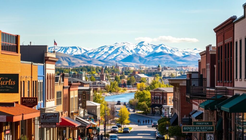 A vibrant cityscape of Fort Collins, Colorado, captured in a warm, afternoon light. In the foreground, a bustling main street lined with local businesses, their signs and storefronts reflecting the unique character of the community. In the middle ground, the iconic Poudre River winds through the city, its banks dotted with pedestrians and cyclists. In the background, the majestic Rocky Mountains rise, their snow-capped peaks framing the scene. The overall atmosphere conveys a sense of local pride, community, and the importance of establishing a strong presence in this thriving, small-town environment.
