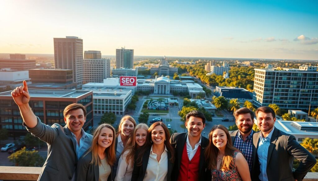A vibrant cityscape of Gainesville, FL, bathed in warm afternoon light. In the foreground, a group of business professionals celebrating their SEO success, their expressions beaming with pride. In the middle ground, modern office buildings and bustling streets, reflecting the thriving local economy. In the background, the iconic University of Florida campus, a symbol of the city's intellectual and creative energy. The scene exudes a sense of optimism, showcasing Gainesville as a hub of digital marketing excellence, where innovative SEO strategies have propelled local businesses to new heights of success.