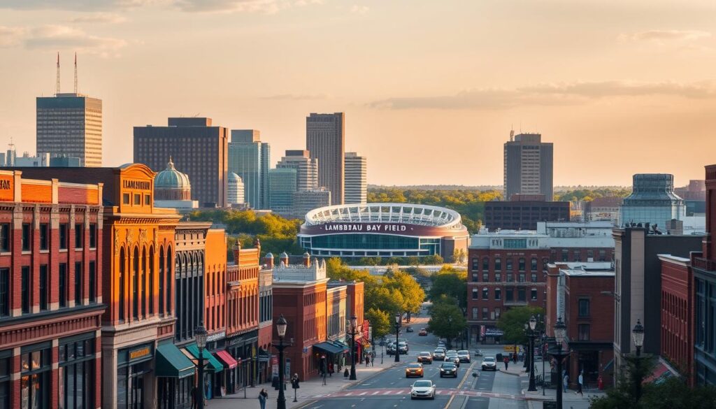 A vibrant cityscape of Green Bay, Wisconsin, showcasing the local digital landscape. In the foreground, a bustling main street with iconic brick buildings, local shops, and pedestrians navigating the sidewalks. In the middle ground, towering skyscrapers and modern office complexes housing tech companies and digital agencies. The background features the iconic Lambeau Field, home of the Green Bay Packers, surrounded by a lush, verdant landscape. The scene is bathed in warm, golden-hour lighting, casting a cozy, inviting atmosphere. The image conveys the thriving, tech-savvy nature of Green Bay's business community, poised for successful SEO campaigns and digital marketing strategies.