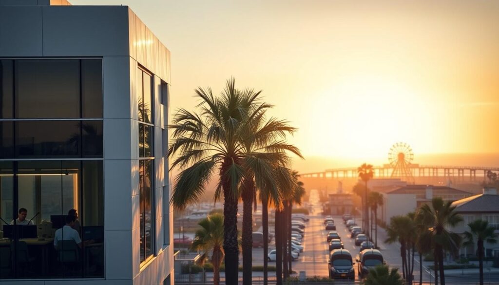 A vibrant cityscape of Huntington Beach, CA, showcasing the benefits of partnering with Revenue Boomers for SEO services. In the foreground, a modern office building with sleek, minimalist design. Employees are visible through large windows, hard at work optimizing websites for maximum visibility. The middle ground features palm trees swaying in a gentle breeze, with the iconic Huntington Beach Pier in the distance. The background is a hazy, golden sunset, casting a warm glow over the entire scene. The lighting is soft and natural, highlighting the professional yet relaxed atmosphere. The overall mood is one of productivity, innovation, and the promise of increased online revenue for local businesses.