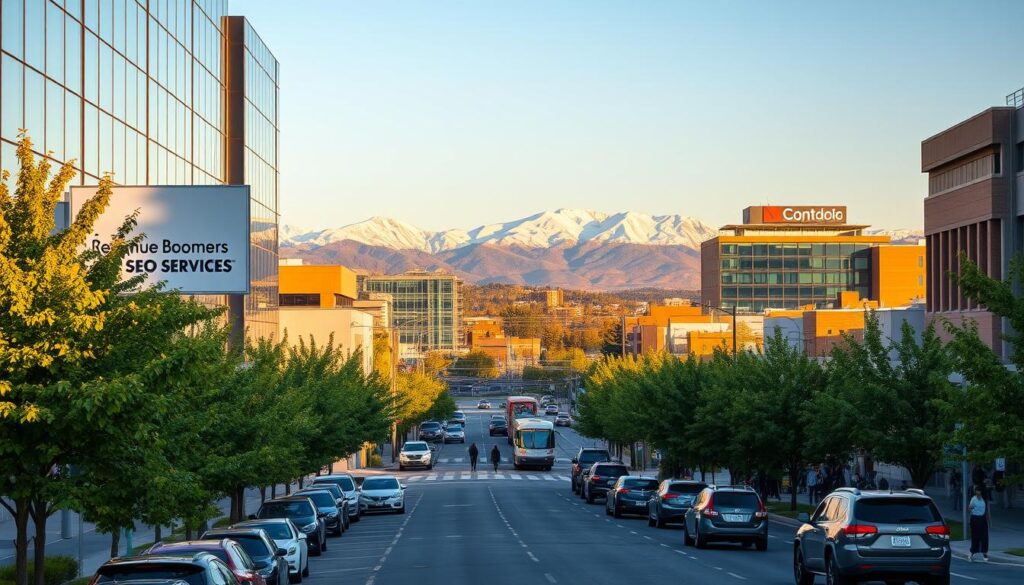 A vibrant cityscape of Lakewood, CO, bathed in warm afternoon light. In the foreground, a modern office building with sleek glass façade and minimalist signage showcasing "Revenue Boomers - SEO Services". Rows of parked cars line the street, and lush green trees frame the scene. In the middle ground, the iconic Rocky Mountains rise majestically, their snow-capped peaks glowing under the golden sun. The background is filled with a bustling downtown, with pedestrians strolling along the sidewalks and the occasional tram or bus passing by. The overall atmosphere conveys a sense of professionalism, innovation, and the natural beauty that defines Lakewood.