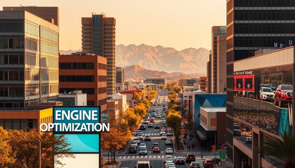 A vibrant cityscape of Las Cruces, New Mexico, where the digital landscape thrives. In the foreground, a bold "Search Engine Optimization" sign illuminates the bustling streets, surrounded by modern office buildings and sleek tech hubs. The middle ground features a swarm of digital devices, representing the interconnected world of online marketing. In the background, the majestic Organ Mountains provide a picturesque backdrop, symbolizing the natural beauty and sense of community that defines this thriving Southwestern city. Warm lighting and a slightly hazy atmosphere create a sense of energy and progress, capturing the essence of the digital marketing landscape in Las Cruces.