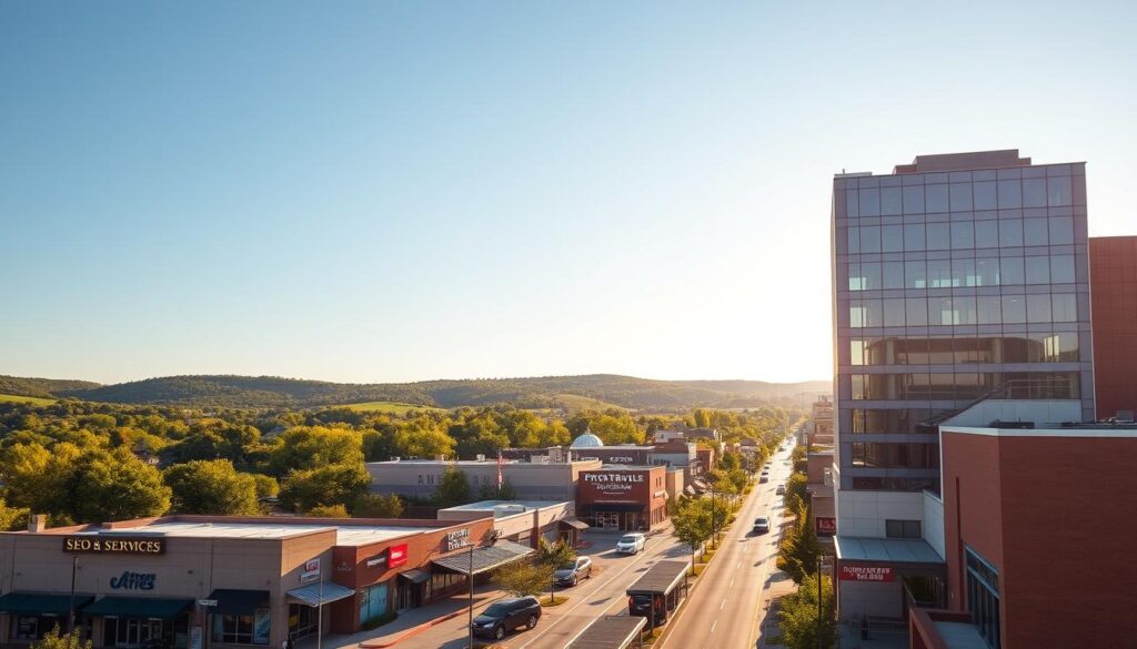 A vibrant cityscape of Lewisville, Texas, showcasing its bustling commercial district. In the foreground, a modern office building with sleek glass facades stands prominently, representing a thriving SEO services provider. The middle ground features well-maintained streets lined with a variety of local businesses, their signage and storefronts reflecting the diverse offerings of the city. In the background, the lush green trees and rolling hills of the Texas landscape provide a picturesque backdrop, creating a sense of balance between the urban and natural elements. The scene is illuminated by warm, golden sunlight, casting a welcoming glow and evoking a mood of productivity and success.