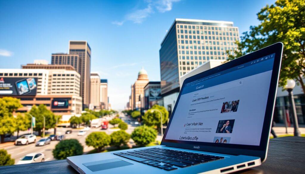 A vibrant cityscape of Lewisville, Texas, showcasing the dynamic digital landscape for local businesses. In the foreground, a sleek laptop displays a search engine results page, highlighting local SEO service providers. The middle ground features modern office buildings and bustling city streets, with digital billboards and signage reflecting the tech-savvy nature of the community. In the background, a clear blue sky and lush greenery create a serene yet energetic atmosphere, conveying the balance of tradition and innovation that defines Lewisville's thriving business environment. Captured with a wide-angle lens, the image exudes a sense of optimism and opportunity for local enterprises seeking to enhance their online presence and visibility.