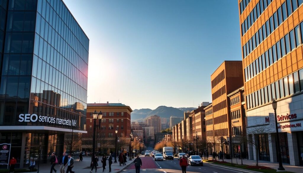 A vibrant cityscape of Manchester, NH, showcasing the bustling downtown area. In the foreground, a modern office building with sleek glass facades and a prominent sign reading "SEO Services Manchester NH". The building is bathed in warm, golden afternoon sunlight, casting long shadows across the bustling sidewalks. In the middle ground, people can be seen walking and commuting, providing a sense of energy and activity. The background features the iconic New Hampshire skyline, with the majestic mountains visible in the distance, creating a picturesque and inspiring setting for the SEO services business.
