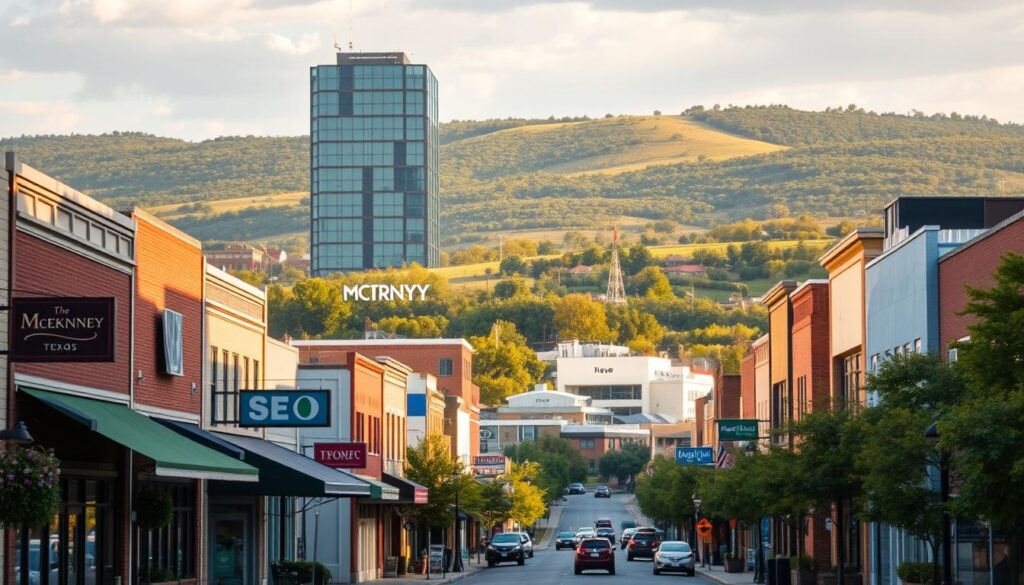 A vibrant cityscape of McKinney, Texas, bathed in warm afternoon light. In the foreground, a bustling street lined with charming local businesses, their storefronts adorned with carefully curated SEO-optimized signage and window displays. In the middle ground, a towering office building with sleek, modern architecture, representing the thriving digital marketing and tech ecosystem of the city. In the background, the rolling hills and lush greenery that give McKinney its distinctive natural beauty. The scene conveys a sense of entrepreneurial energy, technological innovation, and the importance of effective search engine optimization for businesses to thrive in this dynamic, growing community.