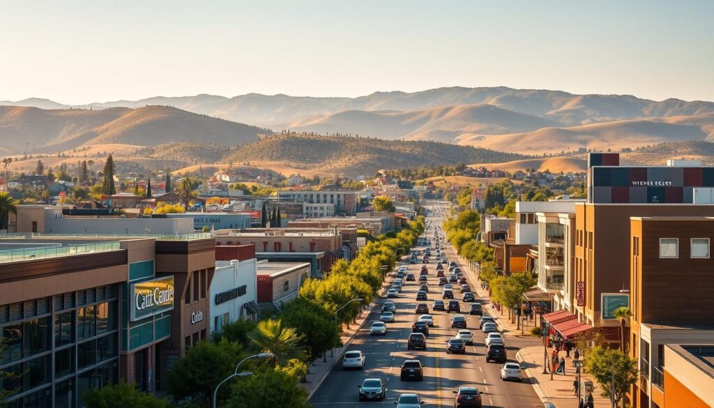A vibrant cityscape of Menifee, California, bathed in warm afternoon sunlight. In the foreground, a bustling street lined with modern office buildings and storefronts, conveying a sense of commercial activity. In the middle ground, cars and pedestrians navigate the roads, showcasing the dynamic energy of the town. In the background, rolling hills and lush greenery frame the scene, providing a picturesque natural setting. The overall atmosphere exudes a blend of urban development and small-town charm, hinting at the importance of SEO services in this thriving community.