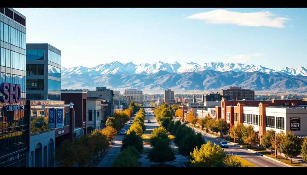 A vibrant cityscape of Meridian, ID, bathed in warm afternoon sunlight. In the foreground, a bustling street lined with modern office buildings, each adorned with prominent signage advertising "SEO Services." The middle ground features lush, manicured landscaping, reflecting the city's commitment to urban planning. In the background, the iconic Boise Mountains rise majestically, their snow-capped peaks casting a serene, alpine backdrop. The scene conveys a sense of professional expertise, technological innovation, and natural beauty, perfectly capturing the essence of "Essential SEO Services in Meridian, ID."