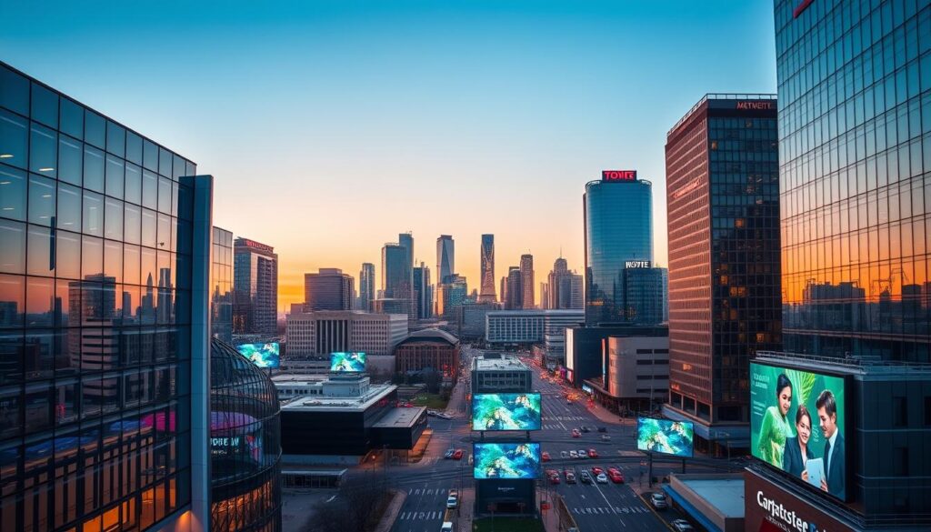 A vibrant cityscape of Mesquite, Texas, showcasing a bustling digital marketing landscape. In the foreground, sleek, modern office buildings with minimalist glass facades and clean lines, conveying a sense of technological innovation. In the middle ground, digital screens and billboards display captivating visuals, reflecting the digital-centric nature of the local businesses. The background features a skyline of towering skyscrapers, their reflections glimmering in the evening light, creating a dynamic and futuristic atmosphere. Warm, diffused lighting illuminates the scene, casting a soft, inviting glow and emphasizing the forward-thinking, digital-driven spirit of Mesquite's thriving business community.