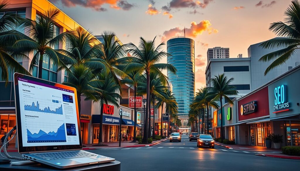 A vibrant cityscape of Miami Gardens, FL, bathed in warm evening light. In the foreground, a stylized depiction of SEO services, with sleek digital devices and analytics dashboards. The middle ground features thriving local businesses, their storefronts and signage reflecting the impact of effective search engine optimization. In the background, the iconic palm trees and modern architecture of Miami Gardens create a dynamic, forward-looking atmosphere. Cinematic lighting casts dramatic shadows, emphasizing the transformative power of SEO on the city's economic growth.