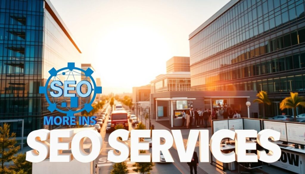 A vibrant cityscape of Moreno Valley, California, showcasing modern office buildings and sleek technology hubs. In the foreground, a stylized SEO services logo stands prominently, its design elements reflecting the digital and analytical nature of search engine optimization. The middle ground features busy professionals collaborating in a dynamic workspace, surrounded by screens displaying website analytics and search engine rankings. In the background, the sun casts a warm, golden glow over the bustling scene, conveying a sense of productivity and success. The image is captured with a wide-angle lens, emphasizing the scale and scope of the SEO services offered in this thriving business community.