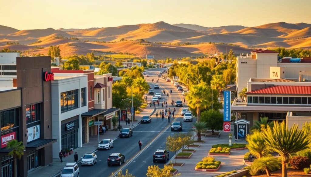 A vibrant cityscape of Murrieta, California, with a prominent business center in the foreground. The buildings feature sleek, modern architecture and bold signage, hinting at the thriving local economy. In the middle ground, people navigate the bustling streets, engaged in various commercial activities. In the background, the rolling hills and lush greenery of the Murrieta landscape provide a scenic backdrop. The scene is bathed in warm, golden lighting, creating a welcoming and prosperous atmosphere. A fleet of well-maintained vehicles and carefully curated landscape elements suggest the attention to detail and professionalism of the local businesses. This image showcases the ideal environment for effective SEO implementation, where Murrieta companies can thrive and attract new customers.