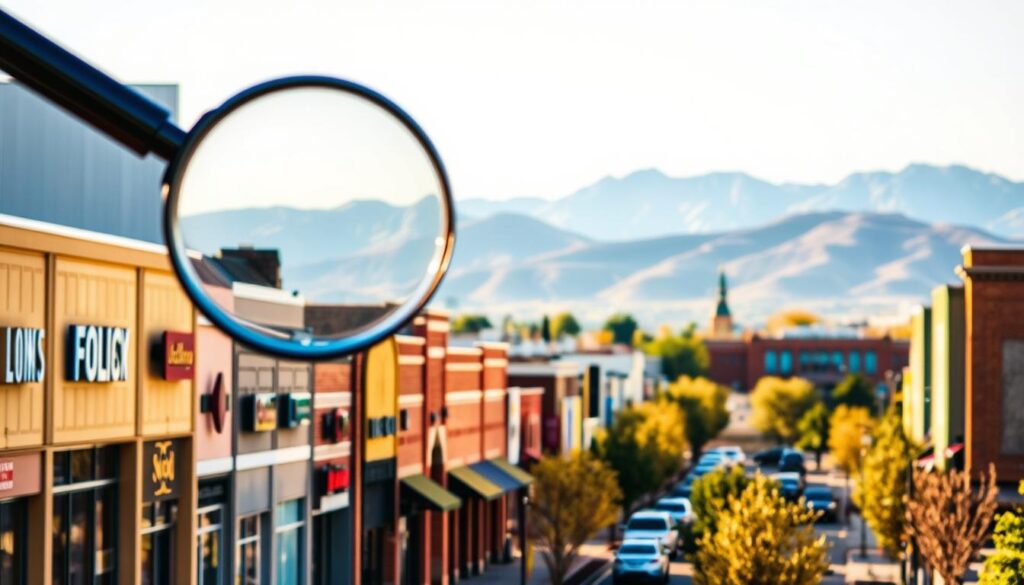 A vibrant cityscape of Nampa, Idaho, bathed in warm afternoon light. In the foreground, a stylized magnifying glass hovers, symbolizing the meticulous process of SEO analysis. The middle ground features a row of well-maintained storefronts, each conveying the diverse business landscape of the city. In the background, the majestic Owyhee Mountains rise, providing a picturesque backdrop. The scene exudes a sense of industrious energy, reflecting the commitment of Nampa's businesses to optimizing their online presence through comprehensive SEO services.