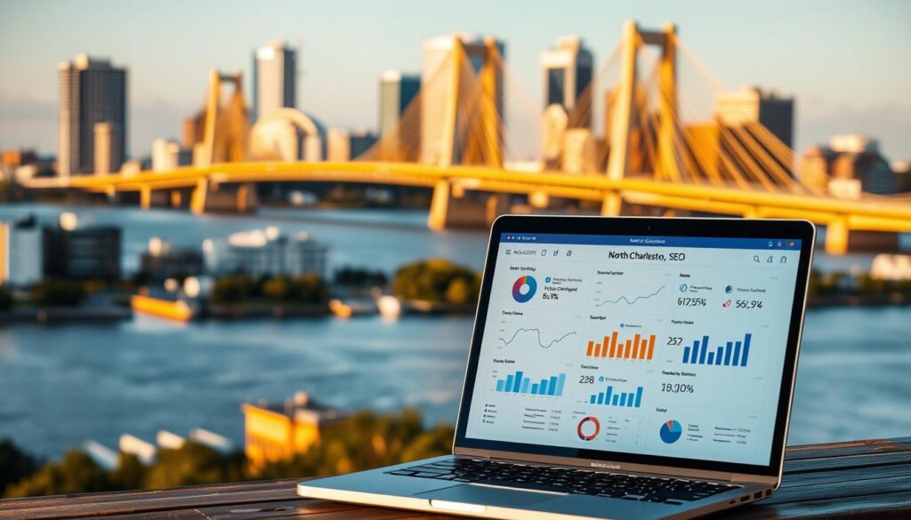 A vibrant cityscape of North Charleston, South Carolina, with the iconic Arthur Ravenel Jr. Bridge prominently featured in the background. In the foreground, a laptop display showcases a detailed SEO strategy, with metrics, graphs, and data visualizations highlighting key insights for local businesses. The scene is bathed in warm, golden hues, conveying a sense of productivity and progress. The image is captured with a shallow depth of field, drawing the viewer's attention to the strategic planning being undertaken, while the city skyline provides a contextual backdrop. The overall composition suggests a well-researched and comprehensive approach to SEO services tailored specifically for North Charleston businesses.
