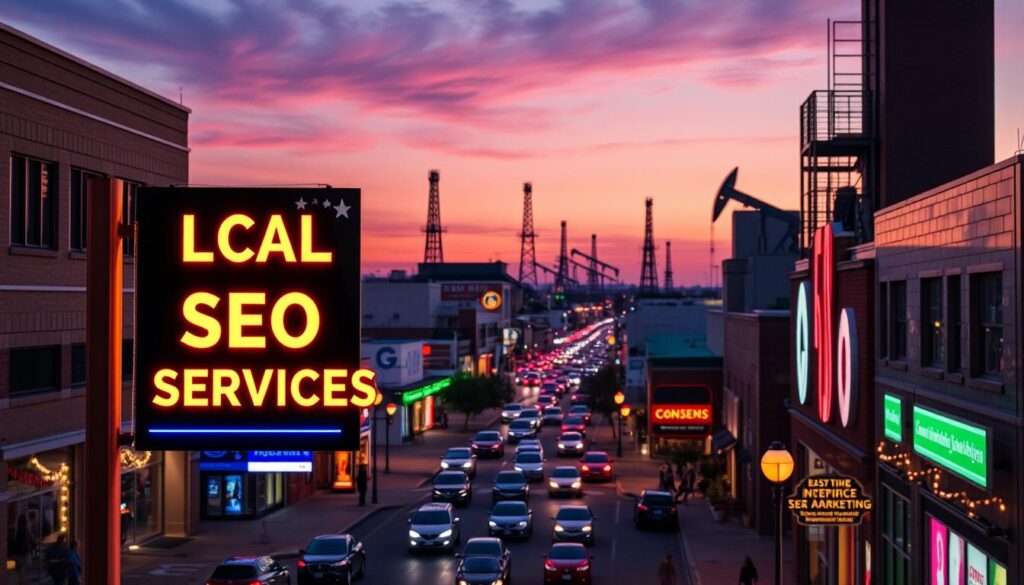 A vibrant cityscape of Odessa, Texas, bathed in warm evening light. In the foreground, a sign proudly displays "Local SEO Services Odessa", its sleek design and neon accents capturing the modern, forward-thinking nature of the local digital marketing scene. In the middle ground, busy streets are lined with thriving businesses, their windows adorned with eye-catching storefronts. In the background, the iconic oil derricks of Odessa's proud industrial heritage stand tall, a testament to the city's rich history and economic vitality. The scene is captured with a wide-angle lens, providing a comprehensive and immersive view of the essential SEO services available in this dynamic Texas town.