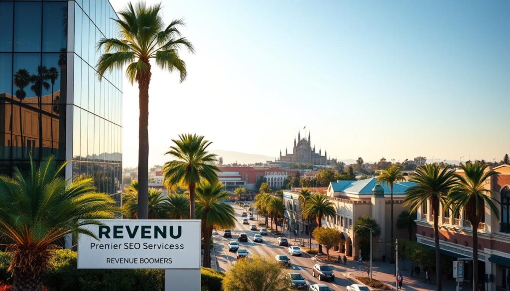 A vibrant cityscape of Orange, CA, bathed in the warm glow of the afternoon sun. In the foreground, a modern office building with sleek glass facades and a discreet sign that reads "Revenue Boomers: Premier SEO Services". The building is surrounded by well-manicured landscaping, with palm trees swaying gently in the breeze. The middle ground features bustling streets lined with lush palm trees and pastel-colored storefronts, capturing the lively energy of the local community. In the background, the iconic silhouette of the Santiago de Compostela Cathedral stands tall, its spires reaching towards the clear, azure sky. The scene conveys a sense of professional expertise, community, and the perfect blend of urban sophistication and California charm.